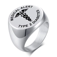 Silver Medical Alert ID Rings for Women and Men TYPE 1 Diabetes TYPE 2 Diabetes
