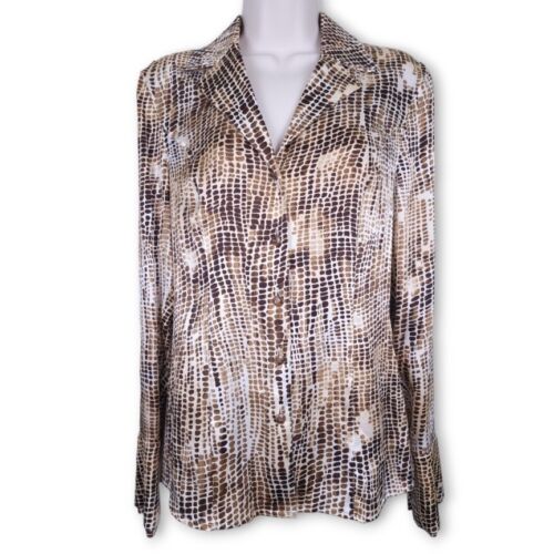 Escada 34 Blouse Shirt Top Brown Silk Printed Lon… - image 1