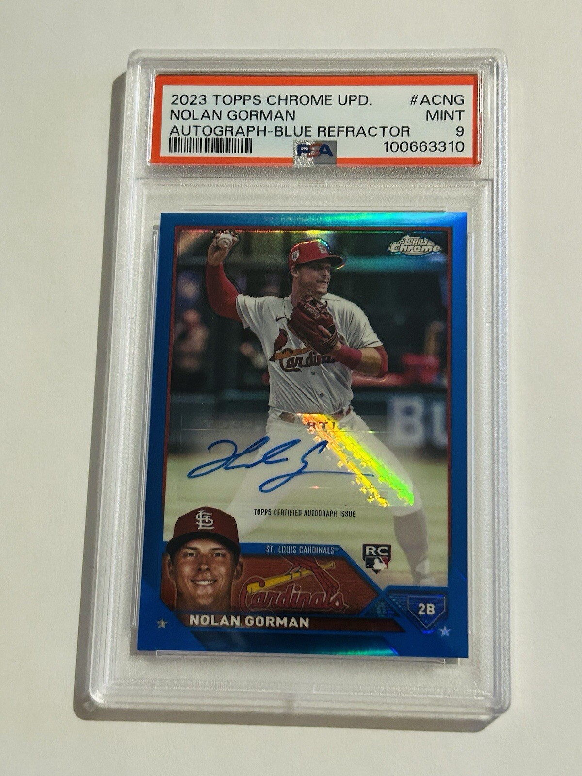 2023 TOPPS CHROME UPDATE AUTO BLUE REFRACTOR NOLAN GORMAN /150 PSA 9