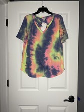 Bibi short sleeve Tie Dye French Terry V Neck Top large multicolor NWT