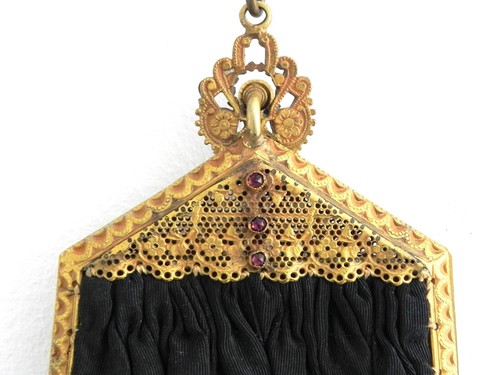 Antique TRINITY PLATE Frame Filigree Gold Metal Amethyst Jeweled Compact Purse