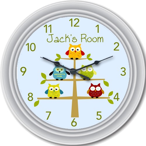 Owls in tree Baby Child Nursery Owl Custom Personalized Wall Clock New 10" - Picture 3 of 3