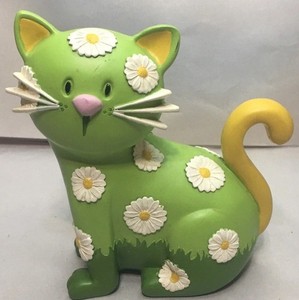Daisy Green & Yellow Cat Coin Bank With Stopper Flowers Cute Hard Plastic
