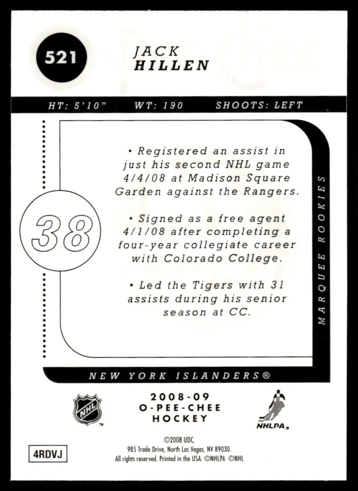 2008-09 O-Pee-Chee Gold Jack Hillen Rookie New York Islanders #521 - Image 2 of 2