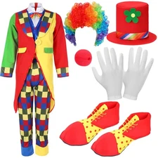 7 Pcs Clown Costume Set Includes Halloween Cosplay Clown Red Nose Wig Shoes H...