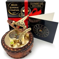 Brass Sundial Compass in Leather Case - Nautical Gifts for 2.7" Inch Diameter