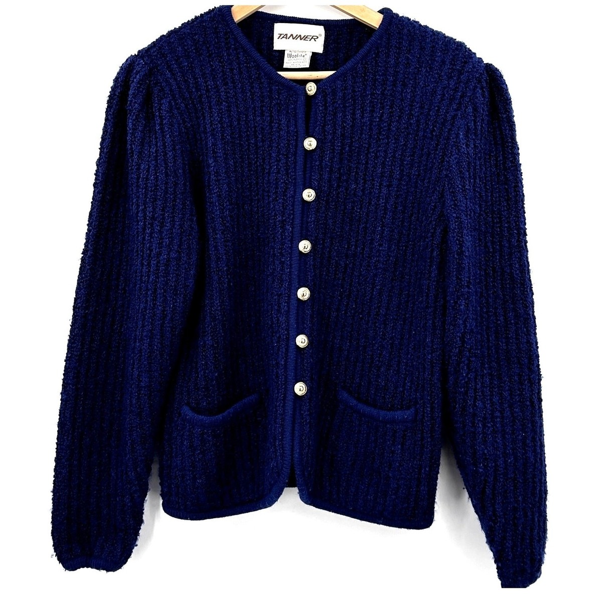 TANNER Navy Blue Gold Button Boucle Cardigan Sweater Womens Size Small Hong  Kong