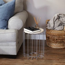Steel Wire End Table with Faux Woodgrain Tabletop - Cream by Sunnydaze