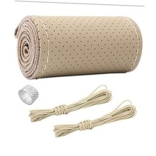 Genuine Leather Steering Wheel Cover, Stitch on Wrap, Breathable Hole Beige