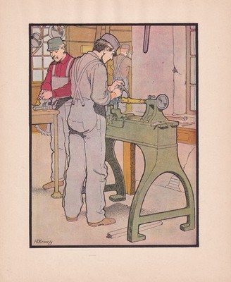 Antique Lithograph Machinist Woodturning on Lath Wood Shop Art Print 1901