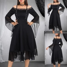 Womens Flared Sleeve Gothic Punk Party Dress Cold Shoulder Skater Midi Dresses