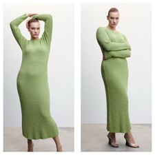 Mango Pistachio Knit Ribbed Long Sleeve Midi Dress Size Large Stretch Vacation 