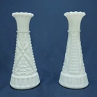 Vtg Pair Anchor Hocking White Milk Glass Stars & Bars Bud Vase 6" Scallop Top