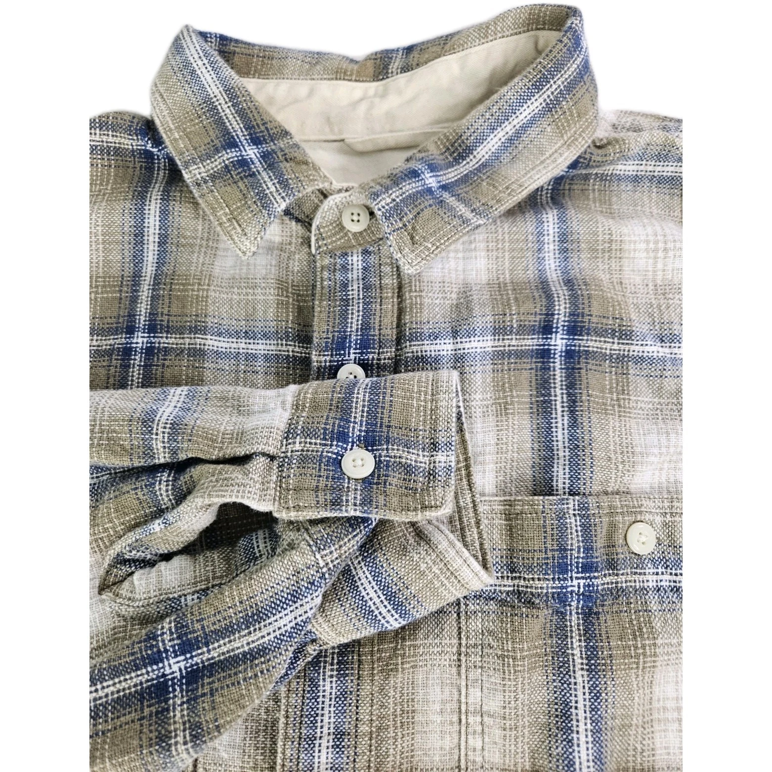 American Eagle Flannel Linen Shirt Men XL Brown Blue Plaid Long Sleeve Outdoor