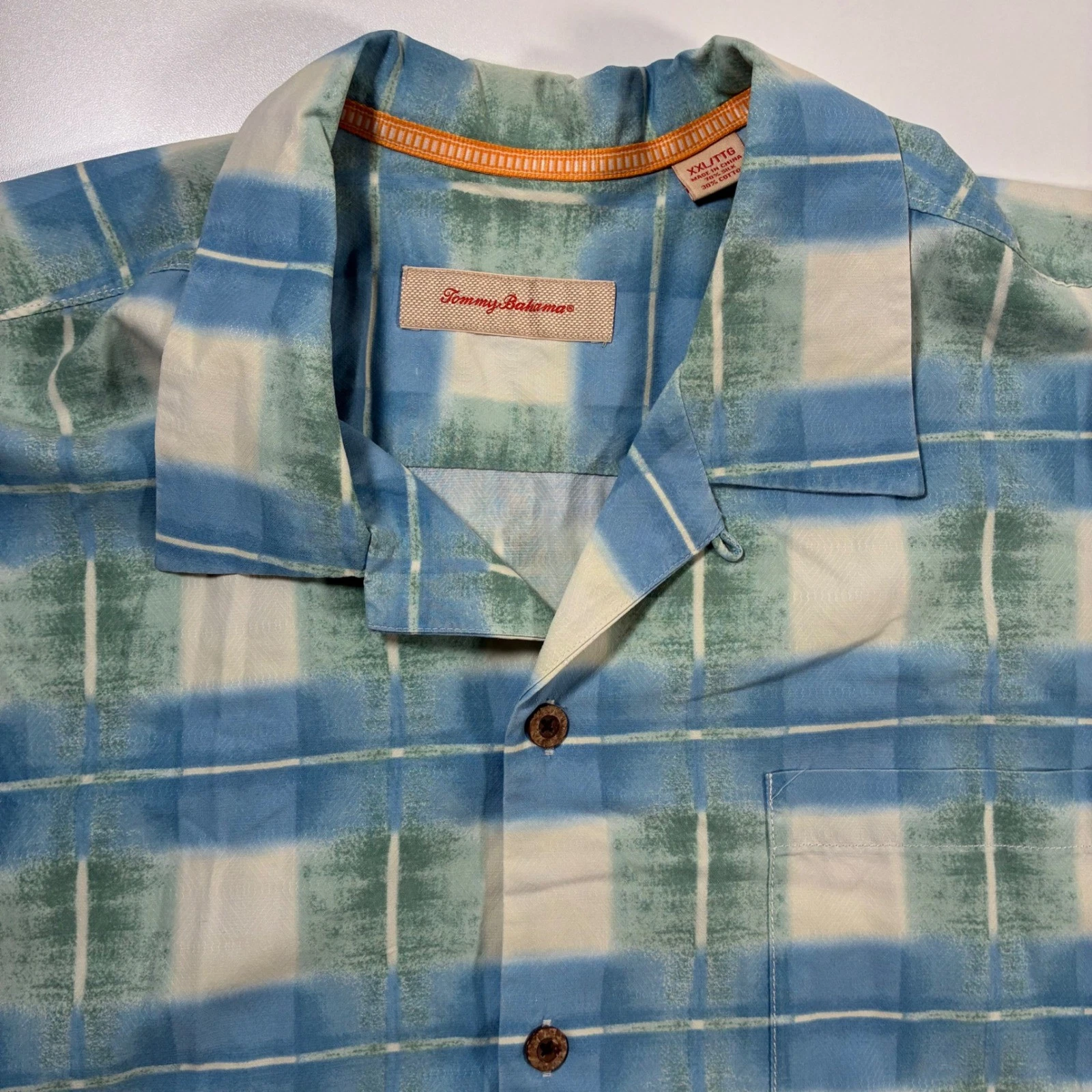 Tommy Bahama Silk Blend Camp Shirt 2XL Blue Plaid Short Sleeve AOP