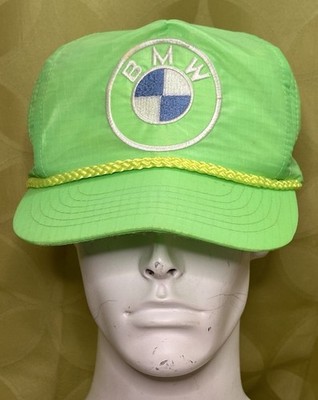 Vintage 1980s BMW Neon Green ROPED TRUCKER HAT Ripstop Snapback SMOKE PET FREE