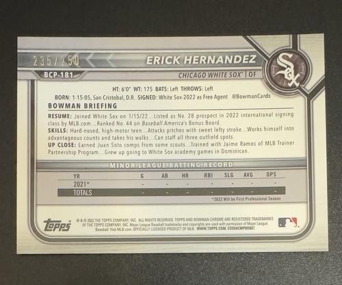 Erick Hernandez 2022 Bowman Chrome Prospects 1st Purple Shimmer/250 #BCP-181 - Imagen 2 de 2
