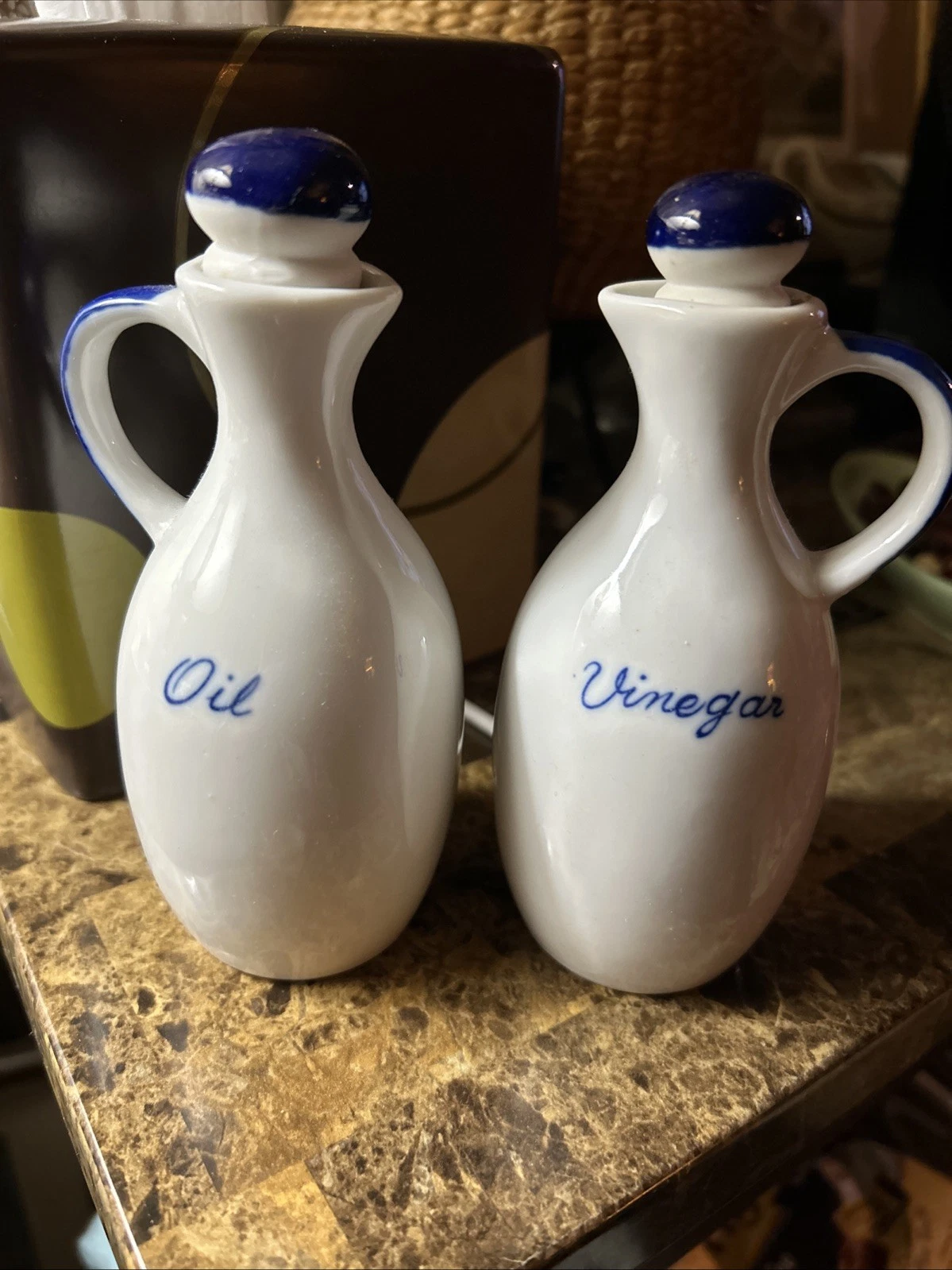 VTG Ceramic Oil Vinegar Cruet Set w Stoppers Farmhouse White/blue MCM