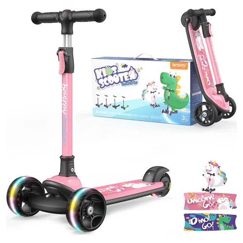 Besrey Kids 3 Wheel Scooter for Ages 3-10 Years Girls/Boys,Toddler Scooter,Pink