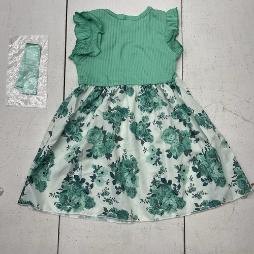Green White Floral Fit Flare Dress Short Ruffle Sleeve Girls Size 4Y - Picture 7 of 7