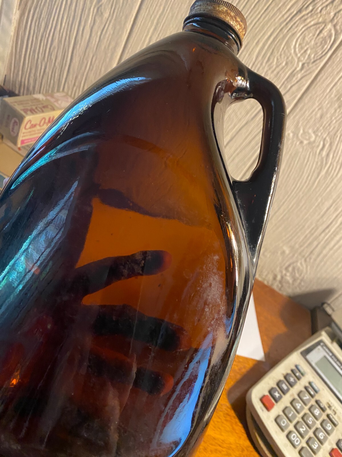 VINTAGE AMBER CRISCO ? JUG BOTTLE - 96 oz. with LOOP HANDLE - 11 1/2" TALL
