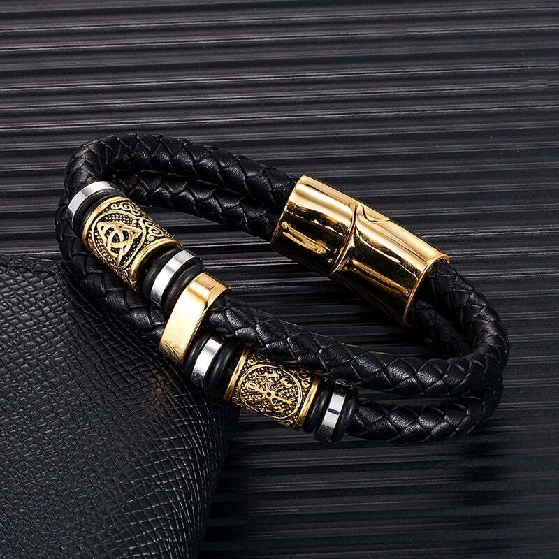 Pulsera de cuero amuleto runas brújula vikinga mitología nórdica para hombre