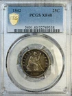 1842 SEATED LIBERTY QUARTER 25C, PCGS XF40 GOLD SHIELD