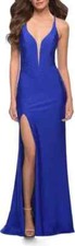La Femme Royal Blue Rhinestone Plunge Neck Cross Back Gown Size 0 408 Prom