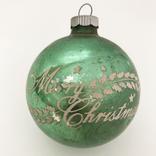 VTG Shiny Brite Stencil Merry Christmas Ornament Mint Jadeite Green 2.5” Patina - Picture 3 of 7