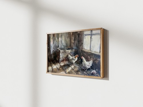 Chickens in Sunlight 5"x7" Print on Matte Paper | Rustic Oil Farmhouse Scene - Picture 5 of 17