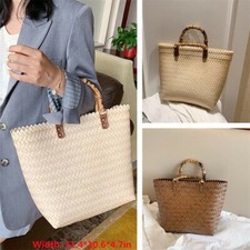 Women Straw Woven Handbag Large Vintage Tote Bamboo Handle Weaving Beach