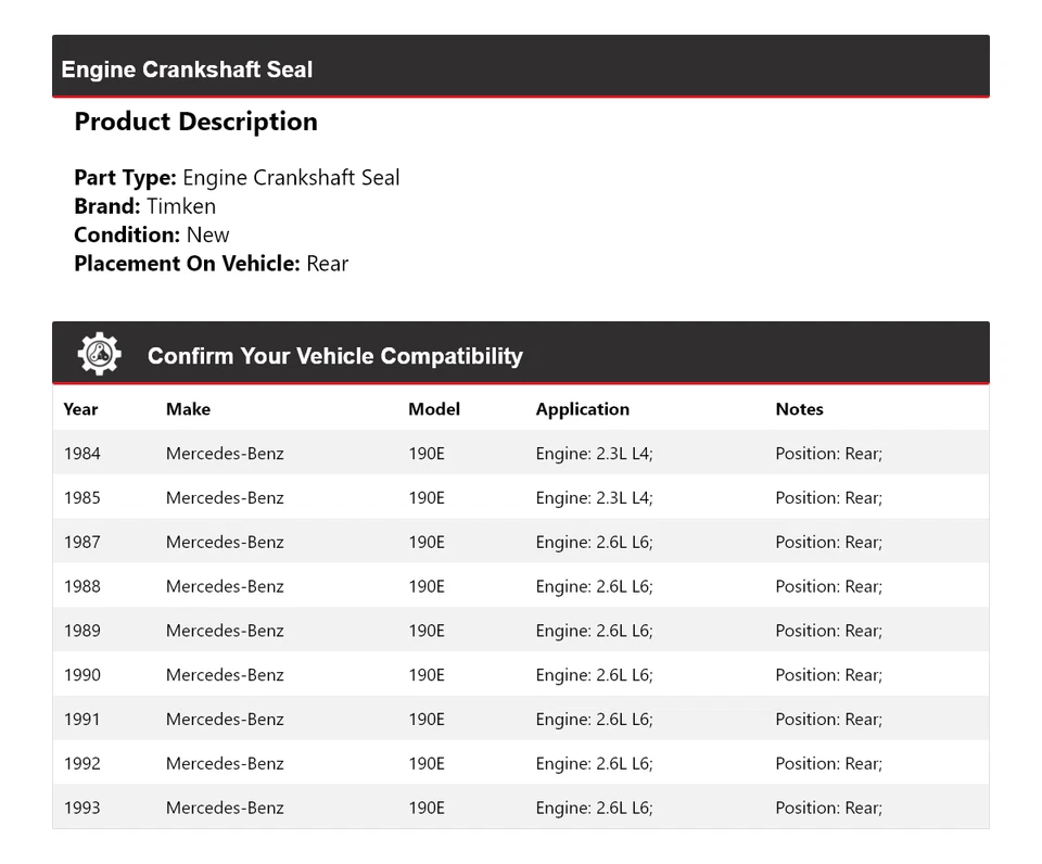 Sello del cigüeñal del motor Timken trasero para Mercedes-Benz 190E 1984-1985, 1987-1993 Foto 2 de 4