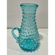Vintage Handblown Hobnail Glass Aqua Blue Large 9.75" Tall Handled Pitcher