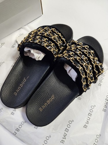 Women’s Size 6 Bamboo Cozy-03S Velvet Slide Sandal Faux Fur gold color and black - Picture 2 of 10