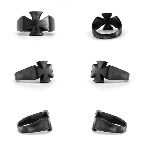 Black Brushed Vintage Cross Ring Men's Titanium Steel Cross Flower Wedding Ring - Picture 4 of 6