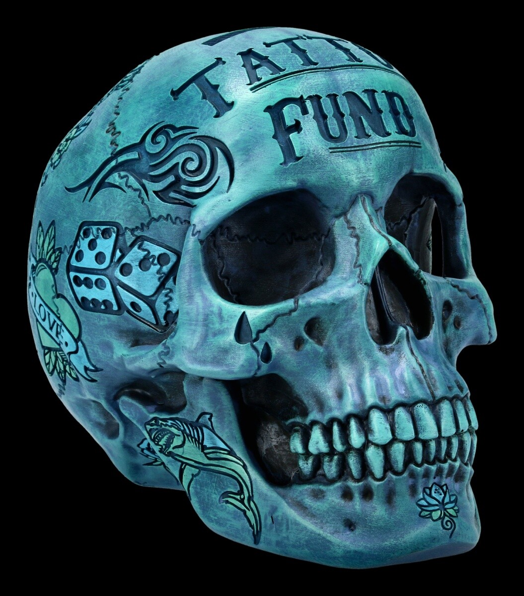 Skull - Tattoo Money Box - Blue - Nemesis Now Skull Piggy Bank Decoration
