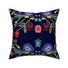 Wycinanki Motif Blue Folk Art Floral Printed Square Throw Pillow Cover