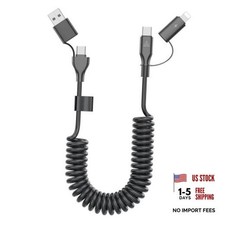 Coiled USB-C and Lightning Cable 2-in-1, 3FT iPhone 17 16 Car Charger Black