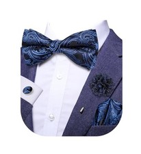 Bowtie for Men Paisley Floral Mens Pretied Bowtie and Lapel Pin Set Black Blue