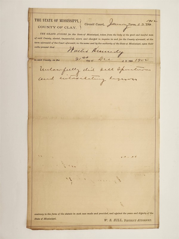 1902 antique INDICTMENT clay co ms WALTER KENNEDY selling LIQUOR prohibition