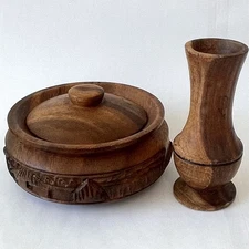 Vintage Hand Carved Ornate Wood Trinket Box Philippines & Wood Bud Vase