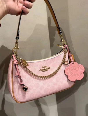 NWT Coach Teri Shoulder Bag Signature Canvas With Charms Gold/Powder Pink CEA20