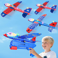 Airplane Launcher Toy for Kids, 3 Pack Spider Foam Gliders Air Planes with Led,