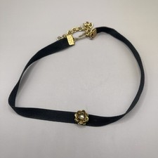 Vintage Choker Necklace Black Satin Ribbon Gold Rose Pearl Accents