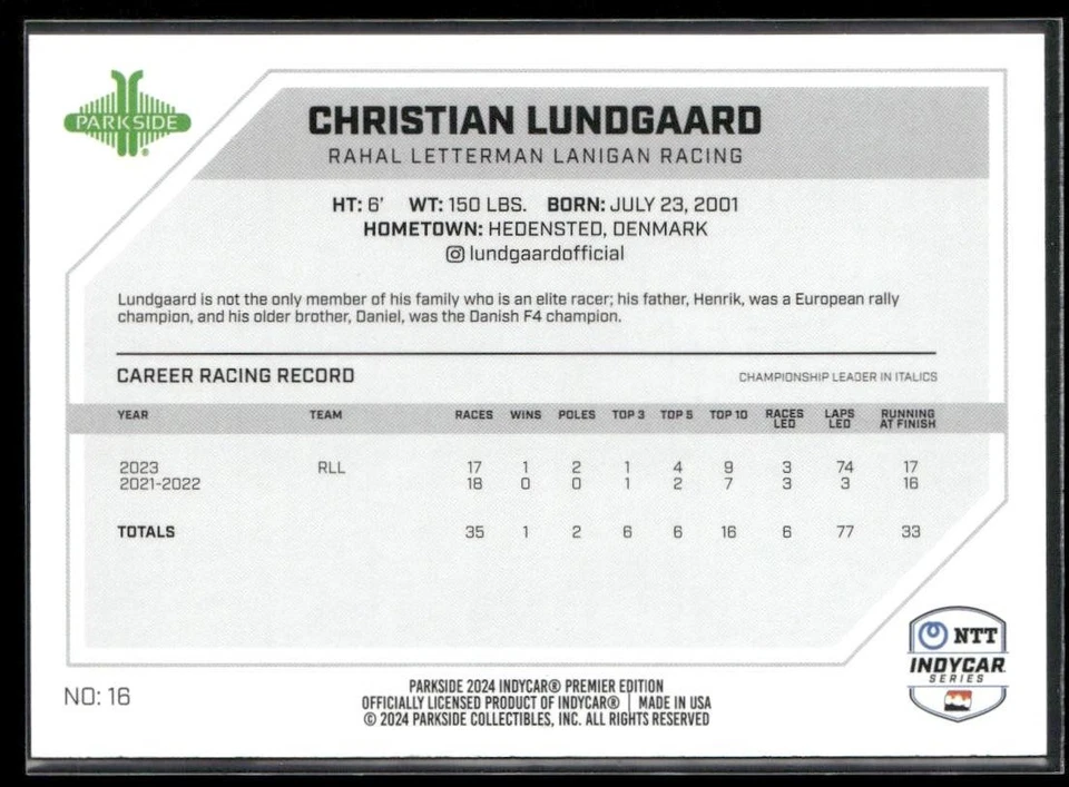 2024 Parkside IndyCar Premier Edition #16 Christian Lundgaard Foil - Image 2 of 2