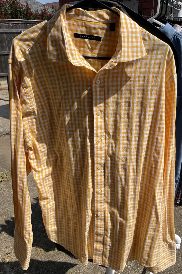 男式 Sean John 17.5 36/37 纽扣黄色格子礼服衬衫法国袖口 — 第 2/4 张图片