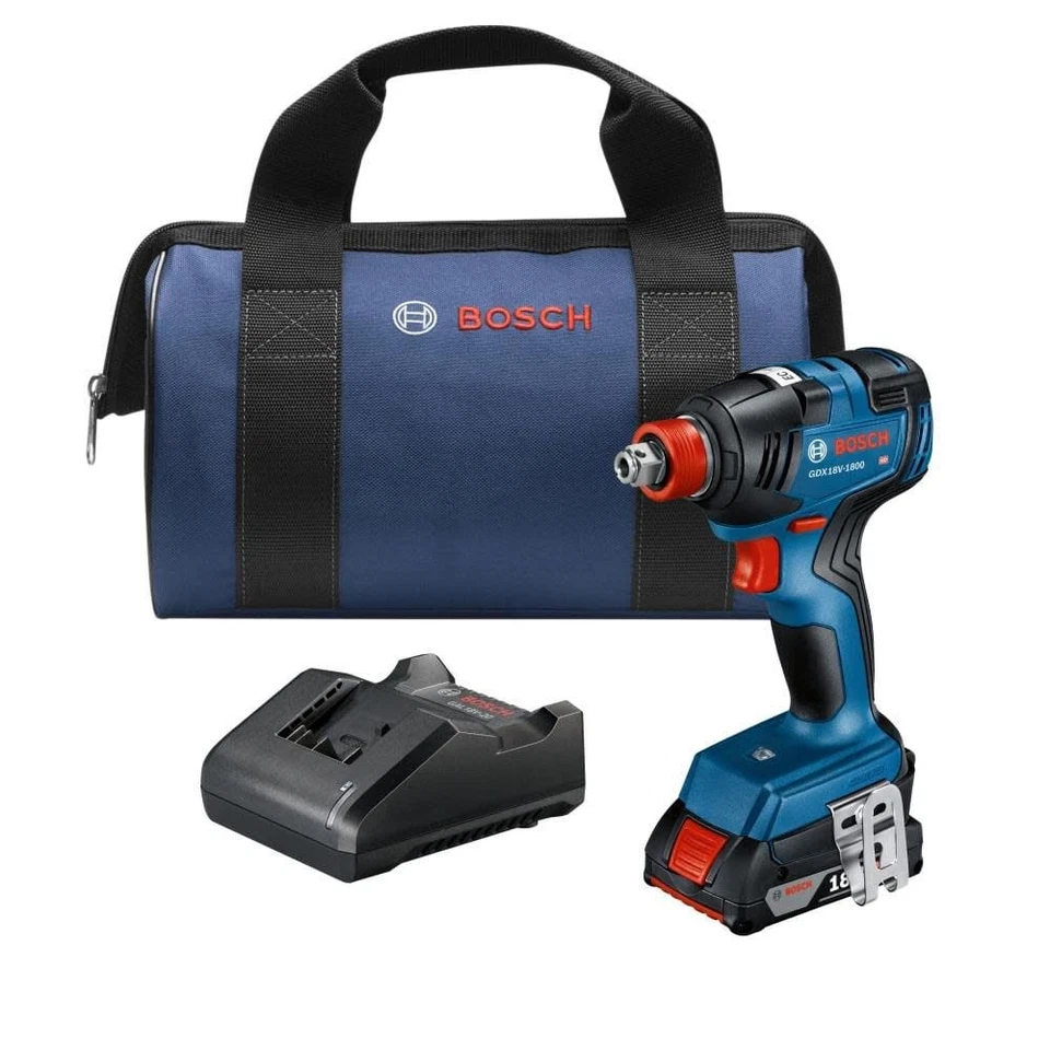 Bosch 18V Dos en Uno 1/4 In y 1/2 In Bit/Zócalo Destornillador de Impacto/Llave 2Ah Kit