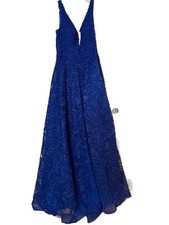 Ellie Wilde EW120026 Royal Blue Lace V-Neck Sequin Prom Gown