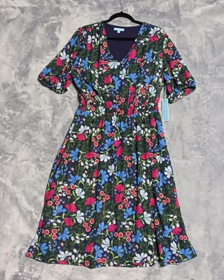 #ad Draper James Dress Womens L Navy Multi Floral Smocked V Neck Midi Fit Flare $32.99