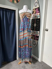 Hale Bob Blue Orange Blue Morocco-A-Go-Go Silk Halter Maxi Dress Cruise Wear